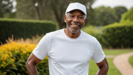 Fototapeta premium Senior black man wearing white t-shirt and white baseball cap standing in the garden