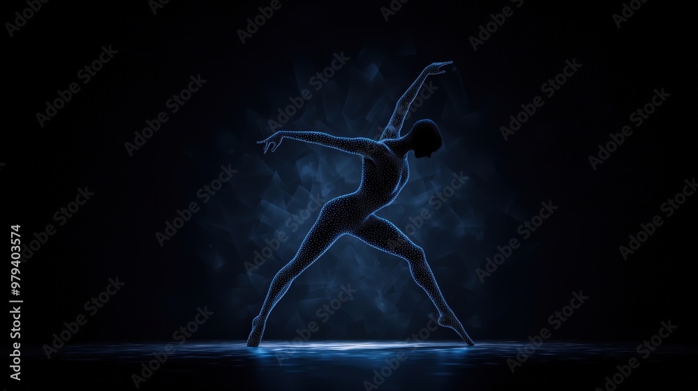 Wall mural Digital Art Abstract Woman Pose with Blue Dots and Lights on Dark Background Showing Dance and Technology in Futuristic Style