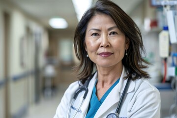 Obraz premium Portrait of a middle aged Asian female doctor in hospital