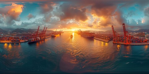 An immersive 360-degree panorama of a bustling port terminal, with massive cranes unloading cargo from container ships and