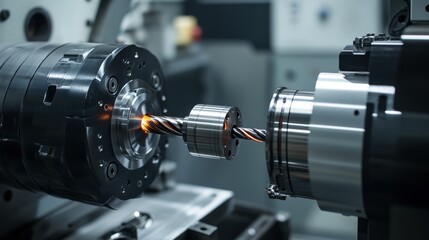 Fototapeta premium Close-up of the inner workings of a CNC machine, with attention to its spinning drill bit and cutting accuracy.