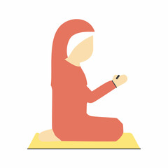 Muslim woman sitting on the ground and praying. Vector illustration in flat style