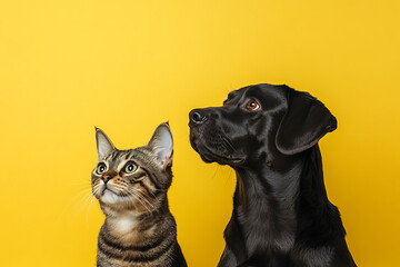 black dog and tabby cat isolated on yellow background
