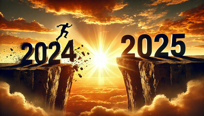 young man jump between 2024 and 2025 years  sunset in the sky