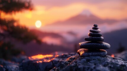 Obraz premium Stacked stones embody tranquility, bathed in warm hues as the sun sets behind serene mountains