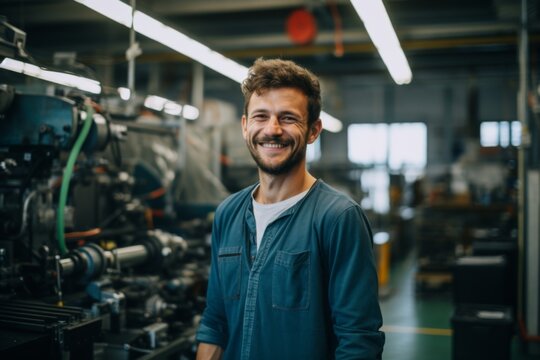 Smiling portrait of a man working in automotive factory - Powered by Adobe