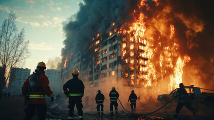 A group of firefighters are standing in front of a burning building