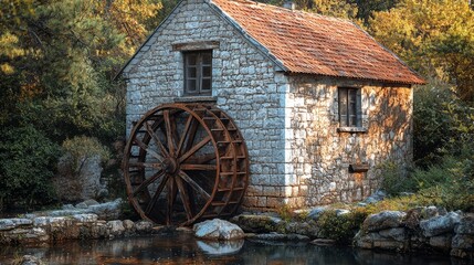 Obraz premium Old stone water mill with wooden waterwheel in peaceful forest setting