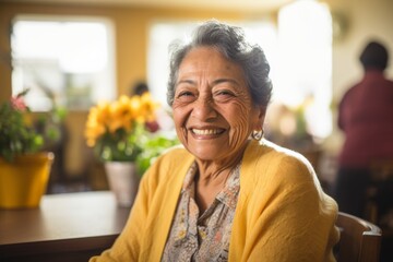 Smiling portrait of a happy senior Mexican woman in nursing home