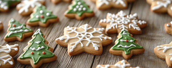 Deliciously decorated Christmas cookies in various festive shapes on a rustic wooden table, perfect for holiday celebrations.