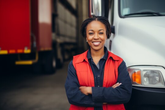 Smiling portrait of a middle aged African American female truck driver