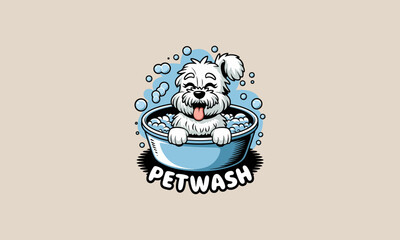 Obraz premium Happy dog enjoying a bath in pet wash tub cartoon logo