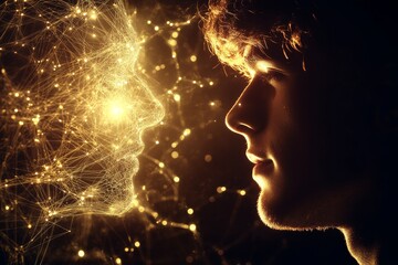 Side profile of a man&rsquo;s face illuminated by glowing digital energy patterns symbolizing neural connectivity cognitive evolution and the future of technological intelligence
