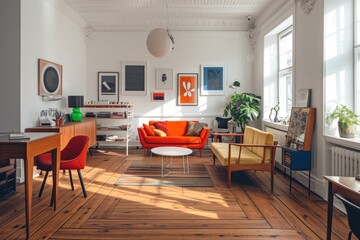 Scadinavian inspired interior design furniture floor room.