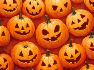Array of Carved Halloween Pumpkins