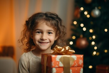 Portrait of a smiling young girl holding Christmas present at home