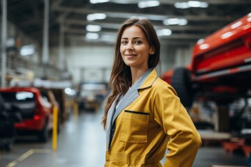 Fototapeta premium Smiling portrait of a young woman working in automotive factory