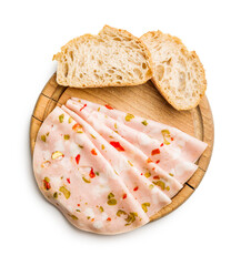 Slices of Sausage Mortadella isolated on white background.