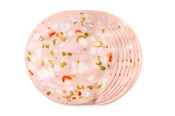 Slices of Sausage Mortadella isolated on white background.