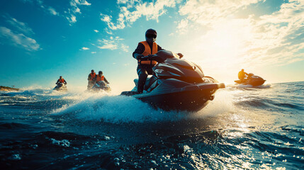A man is riding a jet ski with a group of people