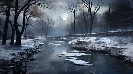 Fototapeta premium A tranquil winter night by the moonlit river with reflections and bare trees in a snowy landscape