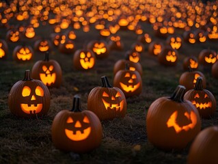 Obraz premium Glowing Halloween Jack-O'-Lantern Display at Night