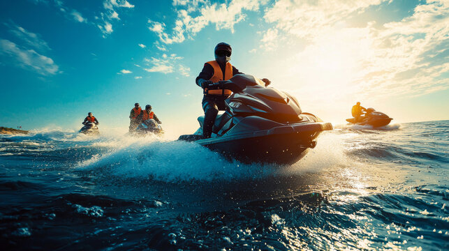 A man is riding a jet ski with a group of people