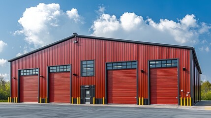 Fototapeta premium Large red industrial warehouse building with multiple garage doors