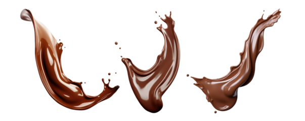 Three vivid splashes of thick chocolate in motion, showcasing dynamic energy and elements of indulgence and creativity in food art.