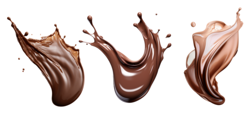 An abstract portrayal of three chocolate splashes, each uniquely forming intricate shapes, expressing creativity, art, and indulgence.