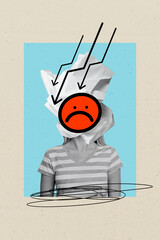 Vertical photo collage of anonym girl instead head sad emoji arrow reduction bullying stereotype...