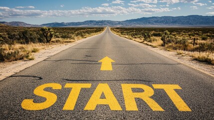 A long empty road with a start marking and an arrow, symbolizing new beginnings and journeys.