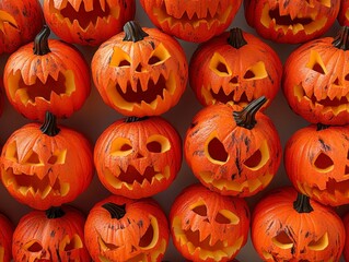 Array of Carved Halloween Pumpkins