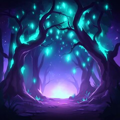 Enchanted Forest A Surreal Landscape of Intertwined Trees and Glowing Magical Vines Illuminating a Mystical Atmosphere