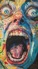 Fototapeta premium Close-up of a colorful, screaming face with wide open mouth, white teeth, and blue eyes.