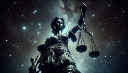 Naklejka premium Statue of Lady Justice holding scales and sword, set against a dark starry sky with blue and black tones