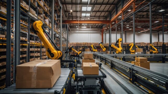 A warehouse automation system with robotic arms
