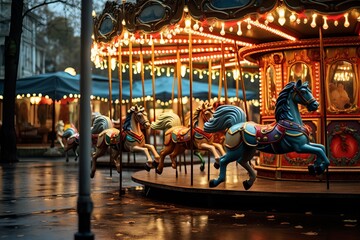 Fototapeta premium Colorful carousel horses in a rainy park, illuminated by festive string lights