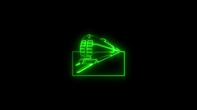 Neon line green color train icon animations representing railway concept and black background.4k video