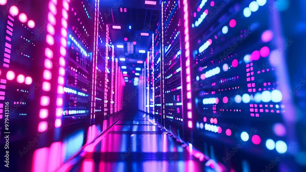 Poster data center with a row of computer servers. abstract generic concept of cyberspace, communication an
