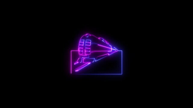 Neon line pink  and purple color train icon animations representing railway concept and black background.4k video