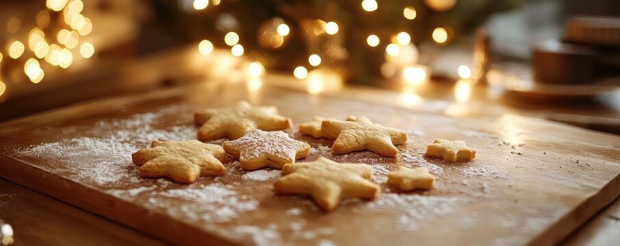 Delicious star-shaped cookies dusted with powdered sugar on a wooden board, perfect for festive celebrations and holiday baking.