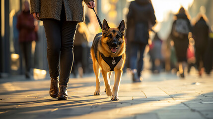 Person walking german shepherd dog in urban setting at sunset