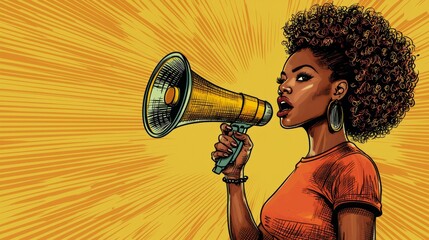 Stylized illustration of woman shouting into megaphone