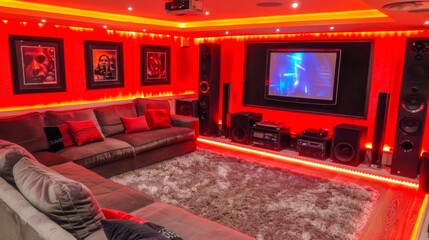 Contemporary urban loft living room at night, with dynamic LED