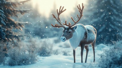 A majestic reindeer stands amidst softly falling snow, showcasing nature's beauty in a serene winter landscape.