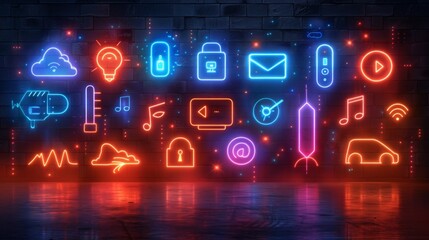 Craft a neon collection of home automation symbols, featuring glowing