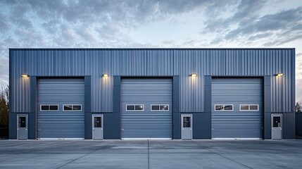 Fototapeta premium Modern industrial garage doors under blue sky at dusk
