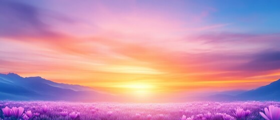 Serene Pastel Wildflower Meadow at Dusk A Dreamy Landscape of Soft Purples and Oranges Illuminating the Evening Sky