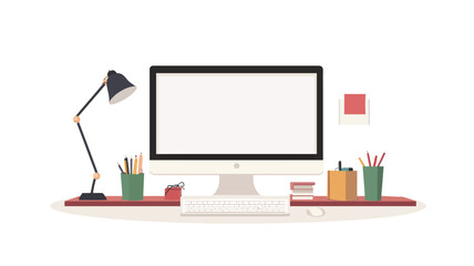 Office workplace with computer and supplies. Vector illustration in flat style.